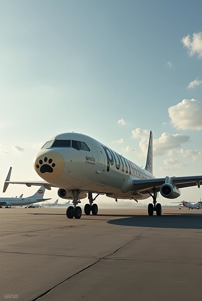 A plane that has the marking that says pumclo and that has a cat footprint