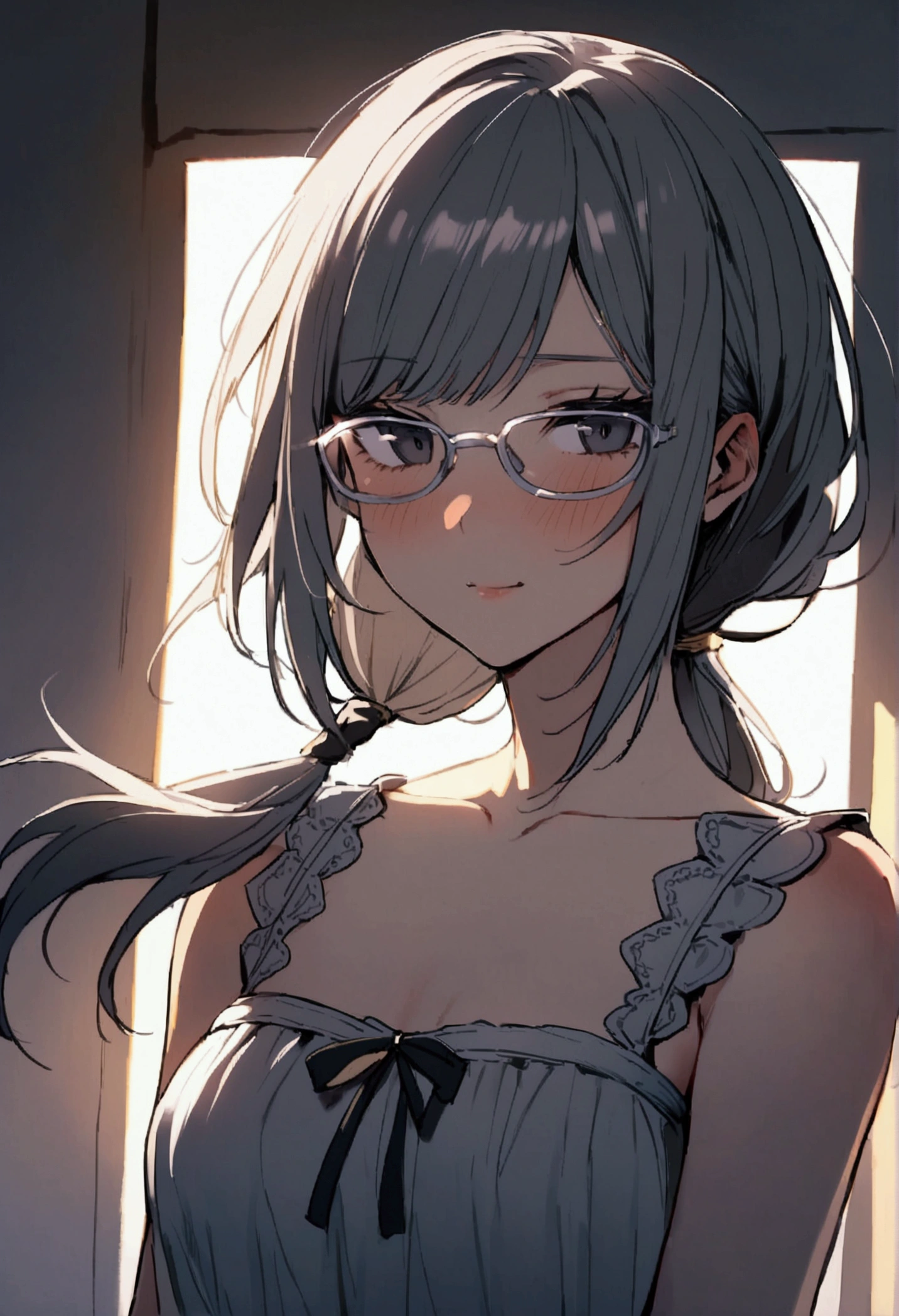 20 years old girl, sundance hair, black eyes, gray framed glasses, slightly mischievous face, low ponytail, wearing a dress