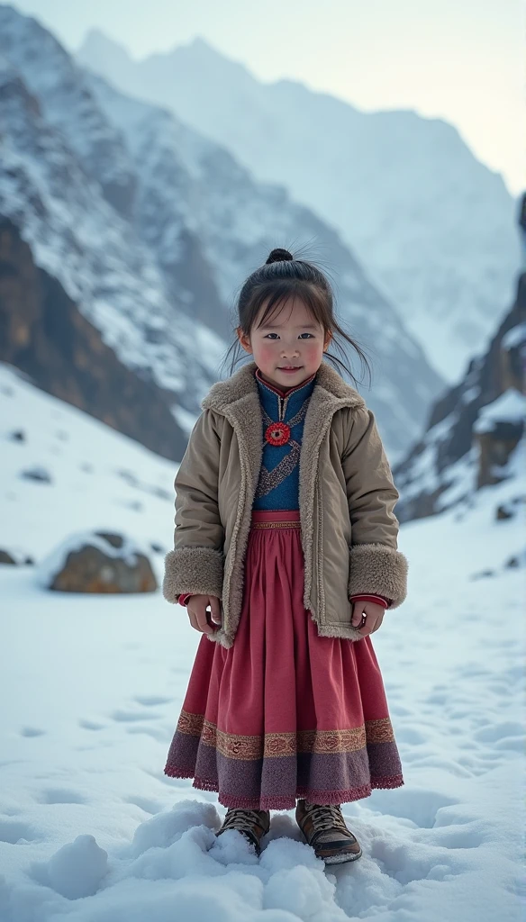 Tibetten cute girl, Tibetan snow ， 2000，White smoke， Full of movement，Hasselblad， National Geographic photo， Semi-body shot, high-quality photo，Full body photo，Lower body，Wearing shoes