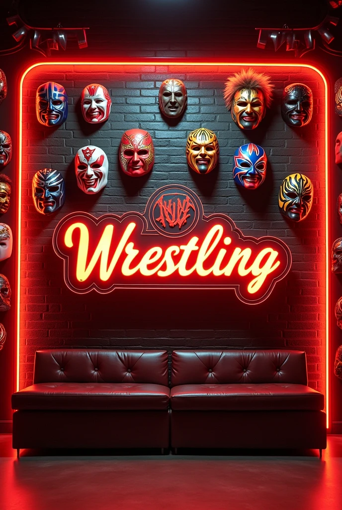 Decorate a wall with a Mexican wrestling theme, no character just decoration, for streaming show, be creative, Simple but nice, and in the middle place a sign that says wrestling in Spanish and around it the masks of the most representative wrestling characters in Mexico., All this in a frame of orange LED lights