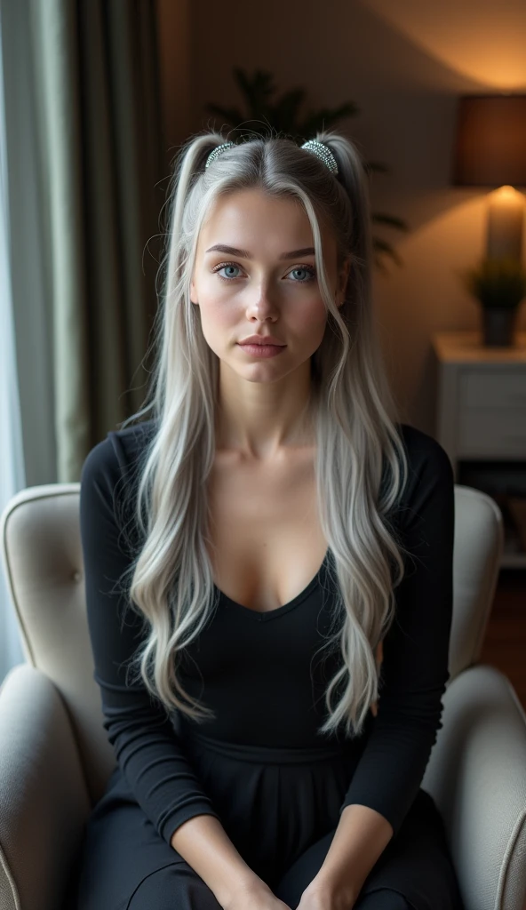 Russian girl sits elegantly on a modern soft chair, looks straight, Sits up straight, Against the backdrop of a dark, cozy living room, light gray long hair, good illumination of the face, realistically, photo, hair pulled back into two ponytails with sparkling hairpins