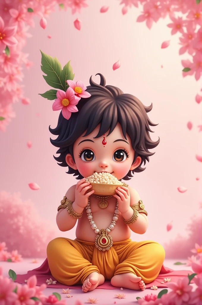 Create an a anime image of beautiful little baby lord Krishna eating makhan with full pink background with pink flowers and flower rain