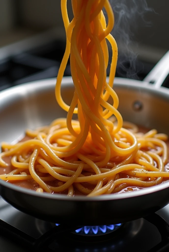 close up shot of a noodle on a pan on top of stove