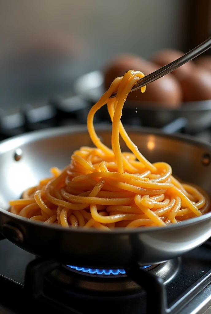 close up shot of a noodle on a pan on top of stove