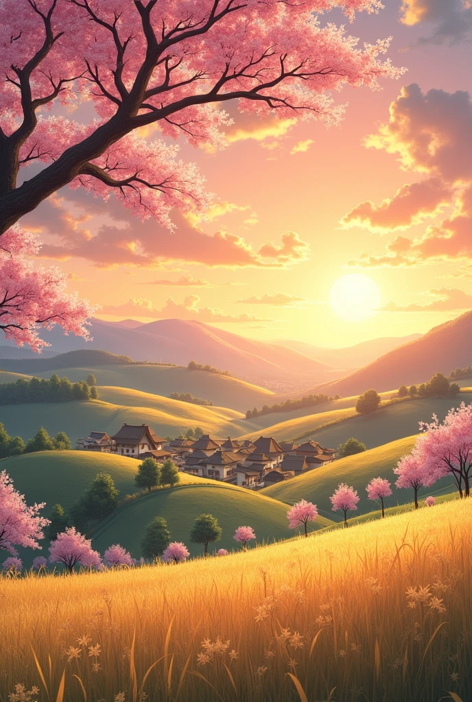 “A serene countryside landscape at sunset, with rolling green hills and fields of golden wheat. In the distance, a traditional Japanese village with thatched-roof houses nestled among cherry blossom trees. The sky is painted in soft pastel hues of orange, pink, and purple, with a few clouds reflecting the warm light of the setting sun. The scene is detailed and vibrant, capturing the intricate play of light and shadow across the landscape, with a gentle breeze rustling through the trees.