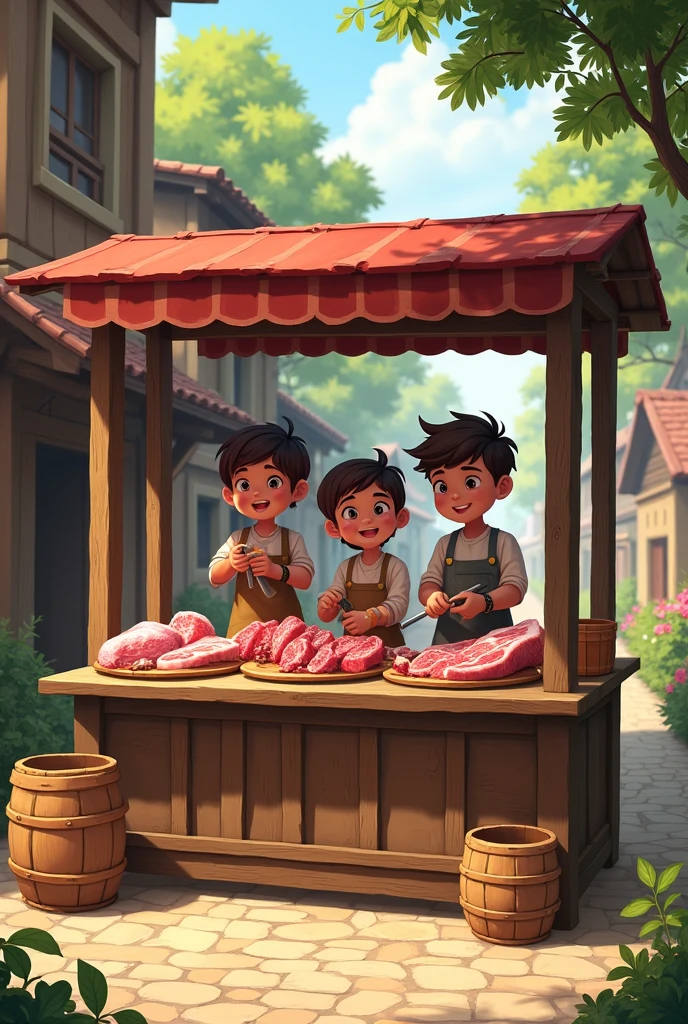 A group of kids selling meat in an outdoor rustic atmosphere