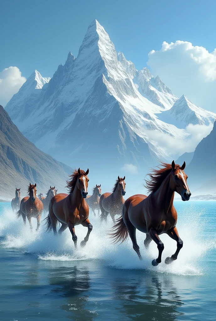 A group of horses running through side of ocean with background of big icy mountain s