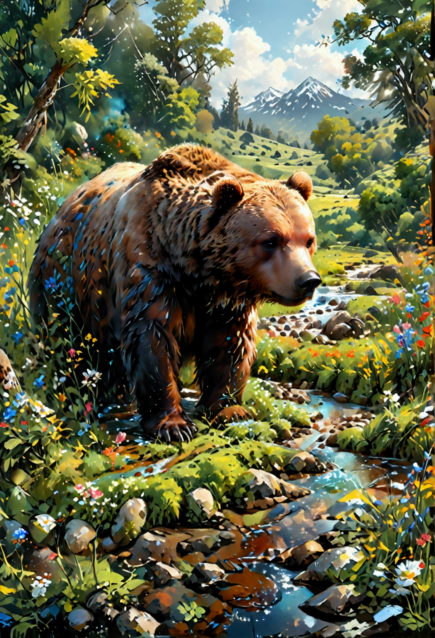 Arafed, an oil painting of a brown bear grazing in the meadows near a stream of water, wide shot, High Detail, Ultra High Quality, High Resolution, 16K Resolution, Ultra HD Pictures, Ultra Realistic, Clear Details, Realistic Detail, Ultra High Definition, oil pastel