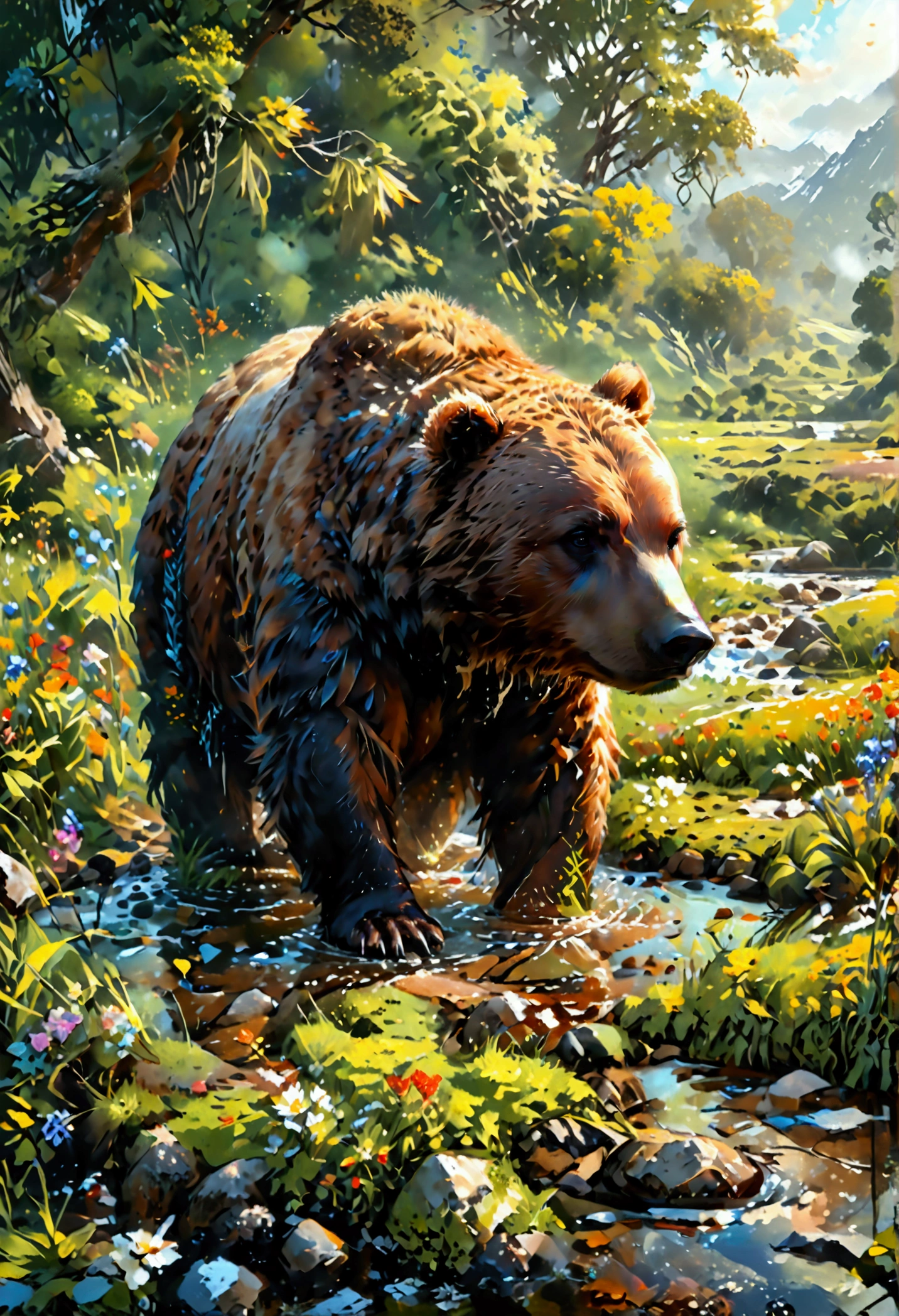 Arafed, an oil painting of a brown bear grazing in the meadows near a stream of water, wide shot, High Detail, Ultra High Quality, High Resolution, 16K Resolution, Ultra HD Pictures, Ultra Realistic, Clear Details, Realistic Detail, Ultra High Definition, oil pastel