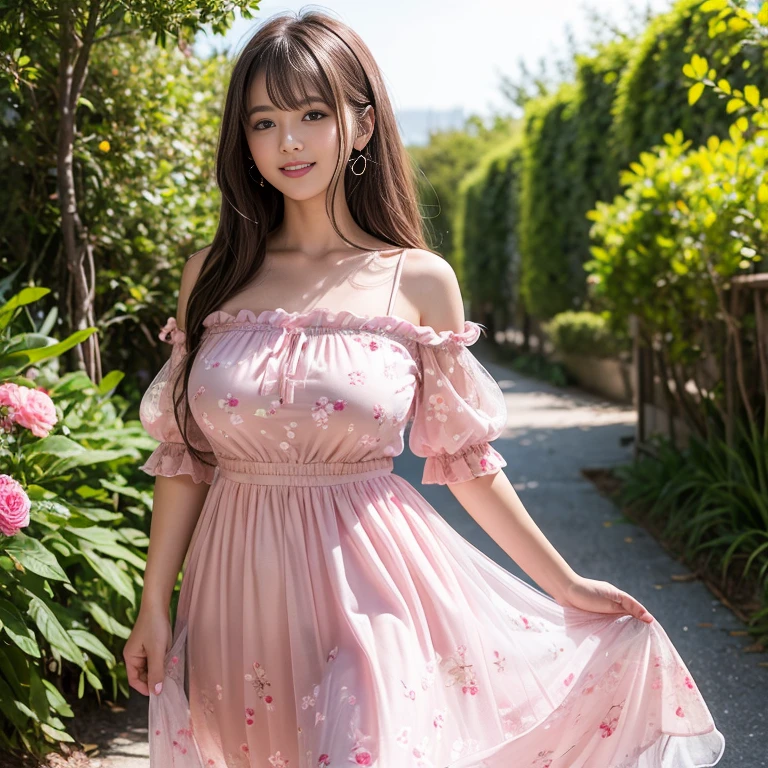 laughing out loud，travel scenery photos，Put on a sweet dress，Pink floral pattern dress，Floral pattern scattered throughout the dress，Puff sleeves，公主Puff sleeves，Puff sleeves cover shoulders，Short sleeve，A-line dress，（There is a layer of transparent mesh outside the skirt）, Fluffy and lightweight dress，（The dress is made of mesh）, There are pink ribbon bows on both sides of the collarbone.，High hem A-line skirt，1 female, On the face, light brown hair, blunt bangs, hair behind ears, Shoulder length hair, long hair, Slender body type, 超face slimming型, face slimming, delicate lips, beautiful eyes, Thin blush, Eyes are light brown,Check it out here, (actual:1.3), One person's perspective, 8k, Super detailed, high quality, best quality, High resolution，2,above knee shot，Breast protrusion，plump breasts, breasts in clothes，No breasts，H cup breasts