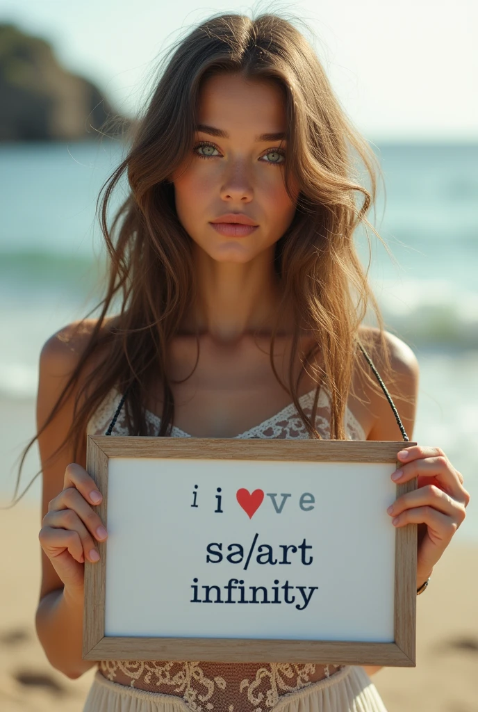 Beautiful girl with wavy long hair, bohemian dress, holding a white board with text "I Love Seaart Infinity" and showing it to the viewer