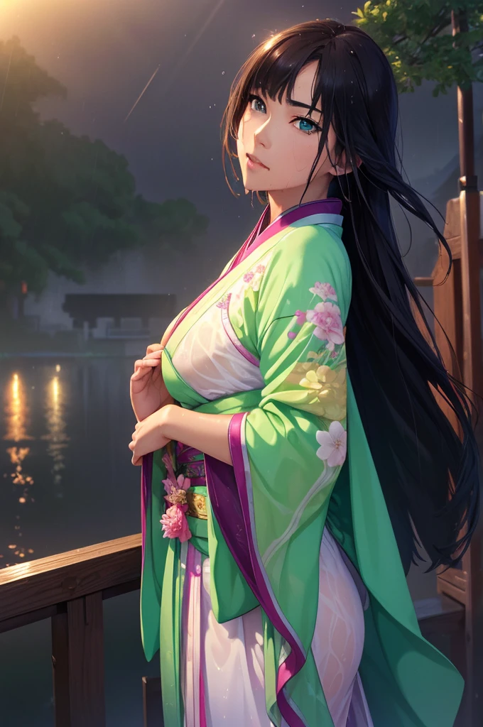 Heavy rain background、In the storm、in the forest、Walking in the river、On the run、In the fog、war (Highest quality,4K,8k,High resolution,masterpiece:1.2), Very detailed, (Realistic,Realistic,Realistic:1.37), High resolution, Hyper HD, Studio Lighting, Ultra-fine painting, Sharp focus, Physically Based Rendering, Very detailed説明, Professional, Vibrant colors, Bokeh, Sports Late Night, Ancient War Landscapes, Traditional Chinese Painting Techniques, Atmospheric lighting, Vivid color contrast, Ethereal atmosphere,Very detailed目と顔, Beautiful attention to detail, Light on the face,豪華なHanfu (Hanfu: 1.1),My whole body is wet、My clothes are wet and transparent、Nipples are visible、The nipples are pale pink、Rain clouds spreading across the sky、Heavy rain weather、Pouring rain、Wind and rain storm、((Soaked skin from head to toe))、((Rain-soaked clothes(Rain dripping from clothes))、((The lines of your body are clearly visible through your wet clothes...))、、(Green Eyes: 1.1)、Slim figure、Small breasts、Sexy pose