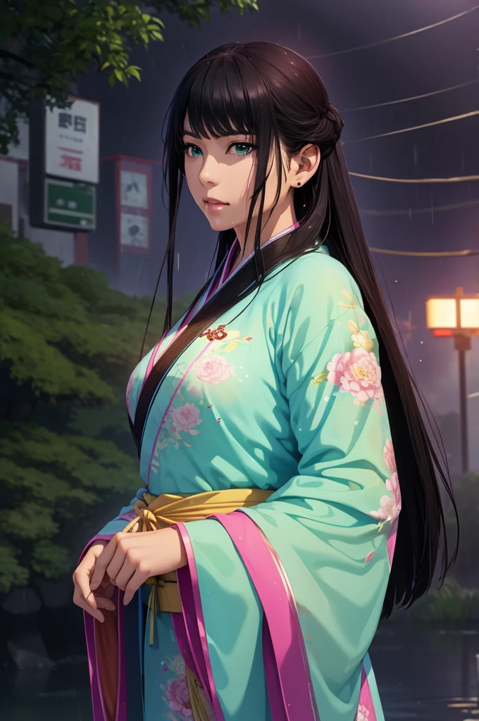 Heavy rain background、In the storm、in the forest、Walking in the river、On the run、In the fog、war (Highest quality,4K,8k,High resolution,masterpiece:1.2), Very detailed, (Realistic,Realistic,Realistic:1.37), High resolution, Hyper HD, Studio Lighting, Ultra-fine painting, Sharp focus, Physically Based Rendering, Very detailed説明, Professional, Vibrant colors, Bokeh, Sports Late Night, Ancient War Landscapes, Traditional Chinese Painting Techniques, Atmospheric lighting, Vivid color contrast, Ethereal atmosphere,Very detailed目と顔, Beautiful attention to detail, Light on the face,豪華なHanfu (Hanfu: 1.1),My whole body is wet、My clothes are wet and transparent、Nipples are visible、The nipples are pale pink、Rain clouds spreading across the sky、Heavy rain weather、Pouring rain、Wind and rain storm、((Soaked skin from head to toe))、((Rain-soaked clothes(Rain dripping from clothes))、((The lines of your body are clearly visible through your wet clothes...))、、(Green Eyes: 1.1)、Slim figure、Small breasts、Sexy pose