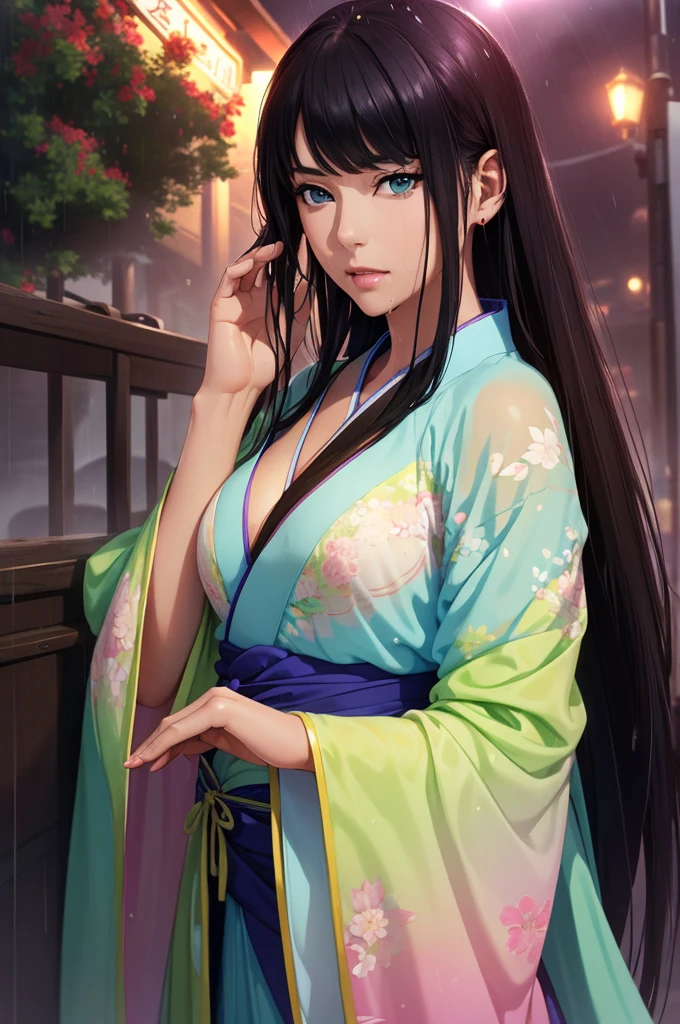 Heavy rain background、In the storm、in the forest、Walking in the river、On the run、In the fog、war (Highest quality,4K,8k,High resolution,masterpiece:1.2), Very detailed, (Realistic,Realistic,Realistic:1.37), High resolution, Hyper HD, Studio Lighting, Ultra-fine painting, Sharp focus, Physically Based Rendering, Very detailed説明, Professional, Vibrant colors, Bokeh, Sports Late Night, Ancient War Landscapes, Traditional Chinese Painting Techniques, Atmospheric lighting, Vivid color contrast, Ethereal atmosphere,Very detailed目と顔, Beautiful attention to detail, Light on the face,豪華なHanfu (Hanfu: 1.1),My whole body is wet、My clothes are wet and transparent、Nipples are visible、The nipples are pale pink、Rain clouds spreading across the sky、Heavy rain weather、Pouring rain、Wind and rain storm、((Soaked skin from head to toe))、((Rain-soaked clothes(Rain dripping from clothes))、((The lines of your body are clearly visible through your wet clothes...))、、(Green Eyes: 1.1)、Slim figure、Small breasts、Sexy pose