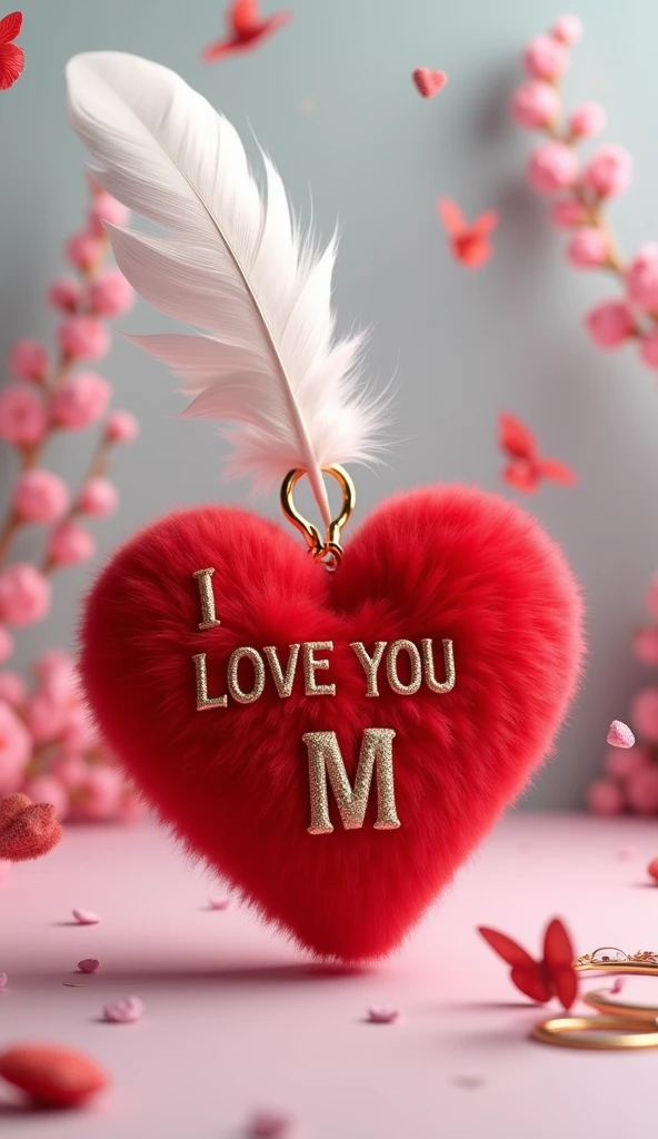A 3d render of a red fluffy heart keychain with capital words "I Love YOU M" embroidered in golden color, a white feather and butterflies, The background is a light gray.