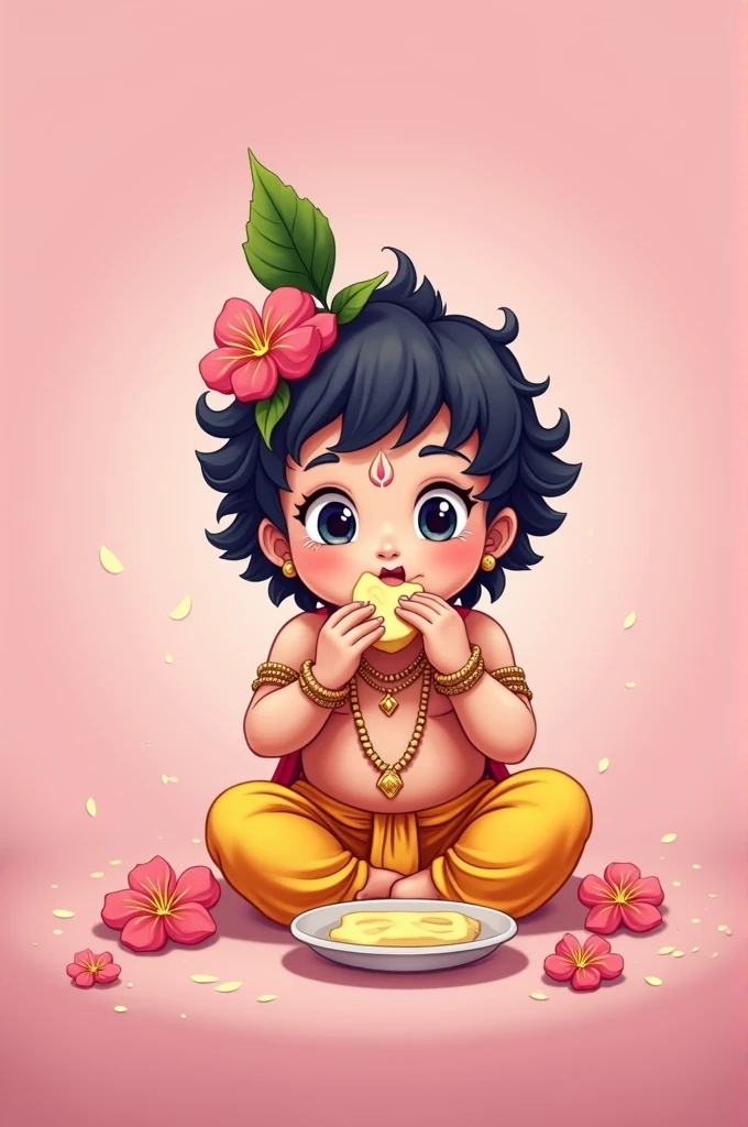 Create an a anime image of beautiful little baby lord Krishna eating butter with full pink background with pink flowers and flower rain