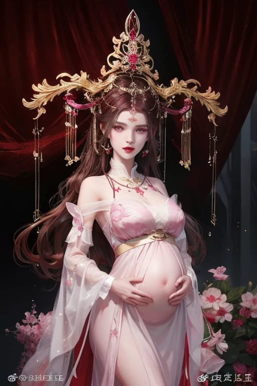 Most beautiful  xianxia female protagonist pregnant,red dark long hair,red hair , kid,and magenta eyes,magenta pink eyes,left and right ultra detailed eyes,eyes detailed, red long hair,magenta eyes,perfect eyes,full body photorealistic,full body detailed,use majestic garmen with red fillamen,face detailed,lips detailed,thin red lips,golden rune scratch at fore head,forehead detailed,better quality,held fairy sword masterpiece,24K ultra hd,super beautiful detail,goddess featuring 