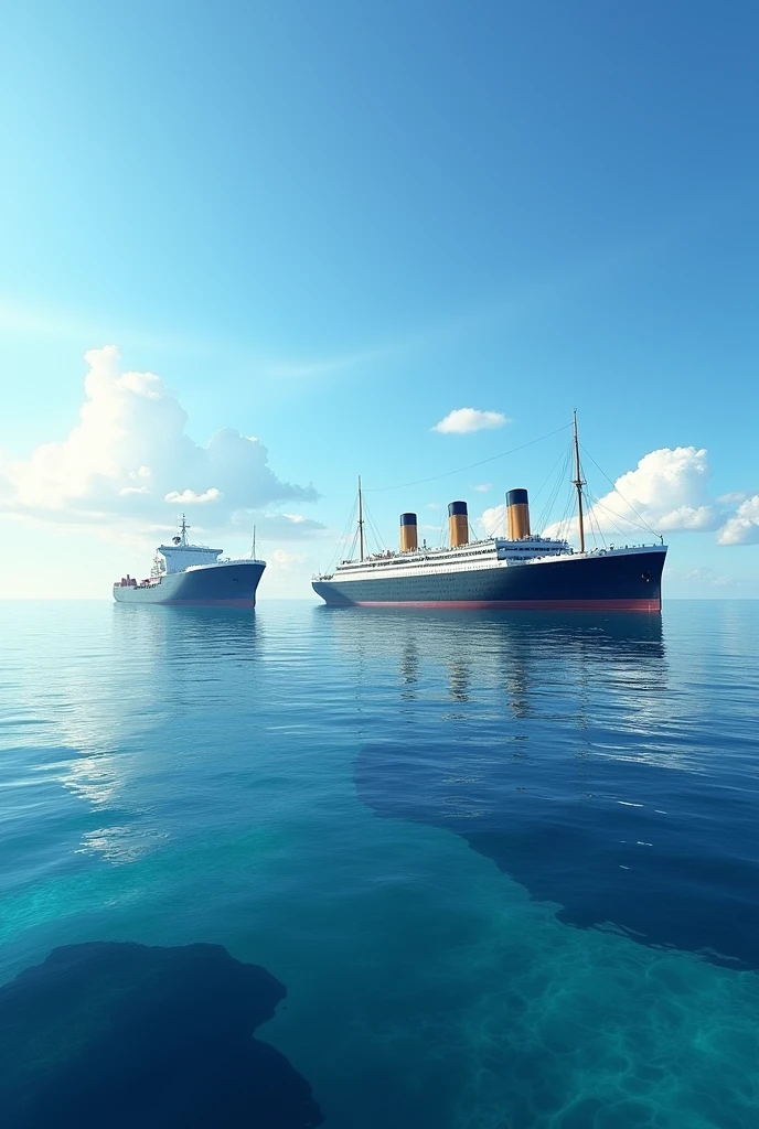 Taitanic or ever green ship ko ek sath dikhavo... Clear water ho...blue water see ho...