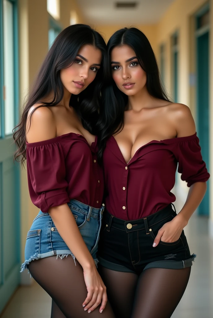 two arab woman, 20 years old, medium black straight hair side hairstyle, very Big bust, posing from side in photo in full body, Very open and sleeveless Dark red strapless shirt, short tight jeans shorts, black pantyhose, high heels, in a school,  detailed face