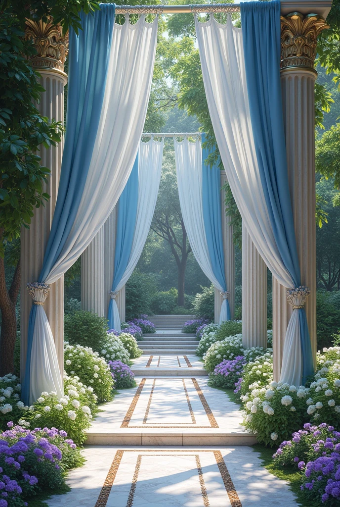  The garden had white and blue linings, tied with white linen cords and purple fabric, ligadas por anéis de prata a colunas de marble. It had gold and silver seats on a porphyry mosaic floor., marble, mother of pearl and other precious stones. 
