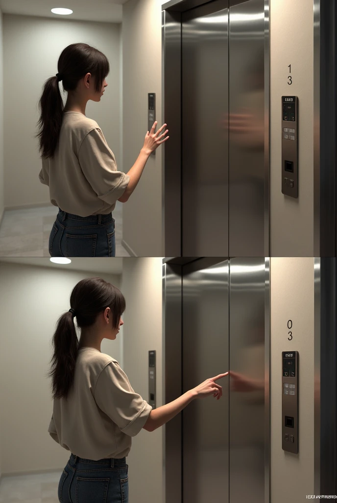 Image suggestion: A person is pressing the elevator button outside., step inside, and press the floor select button. can create two composite images