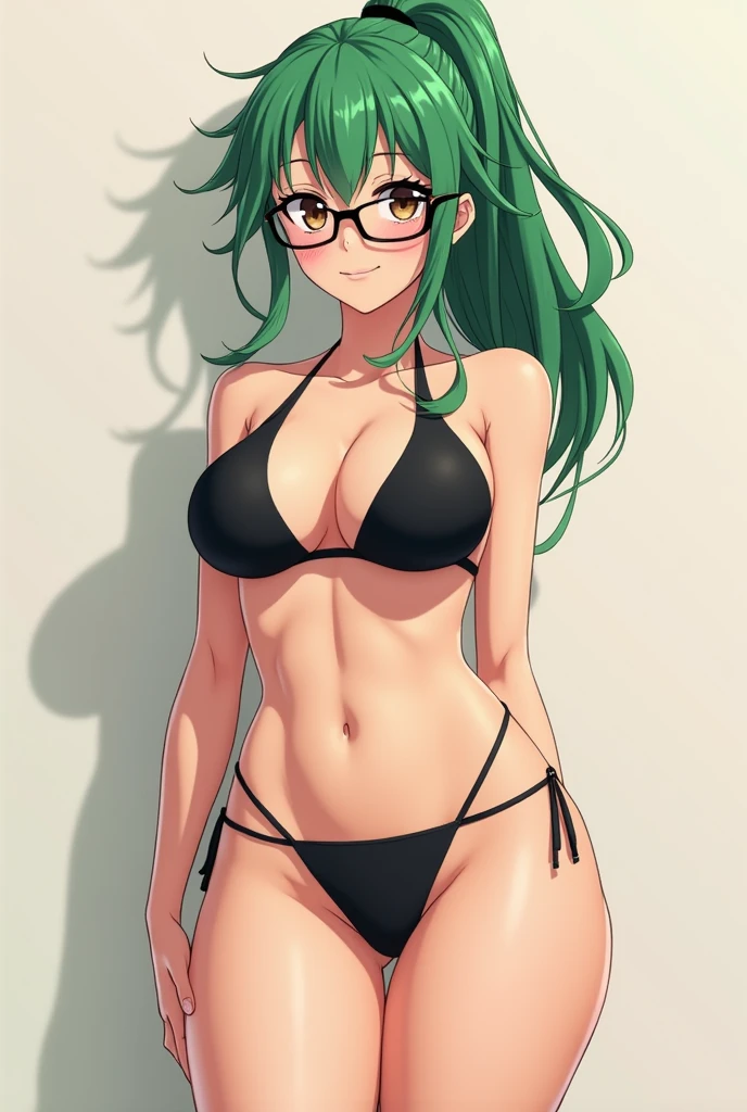 zenin_maki, ponytail, glasses, bangs, green hair, brown eyes, ab, abs, large breasts, large hips, smile, blush, (((beautiful face))), bikini