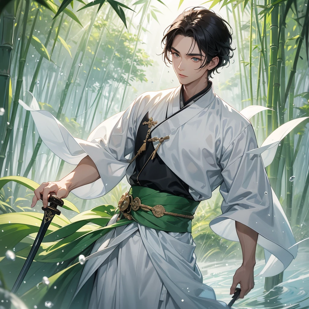 A Handsome black-hair male holding a large sword in white hanfu dress, close up.
The back is a lush green bamboo forest. The air after rain has water droplets splashing around.