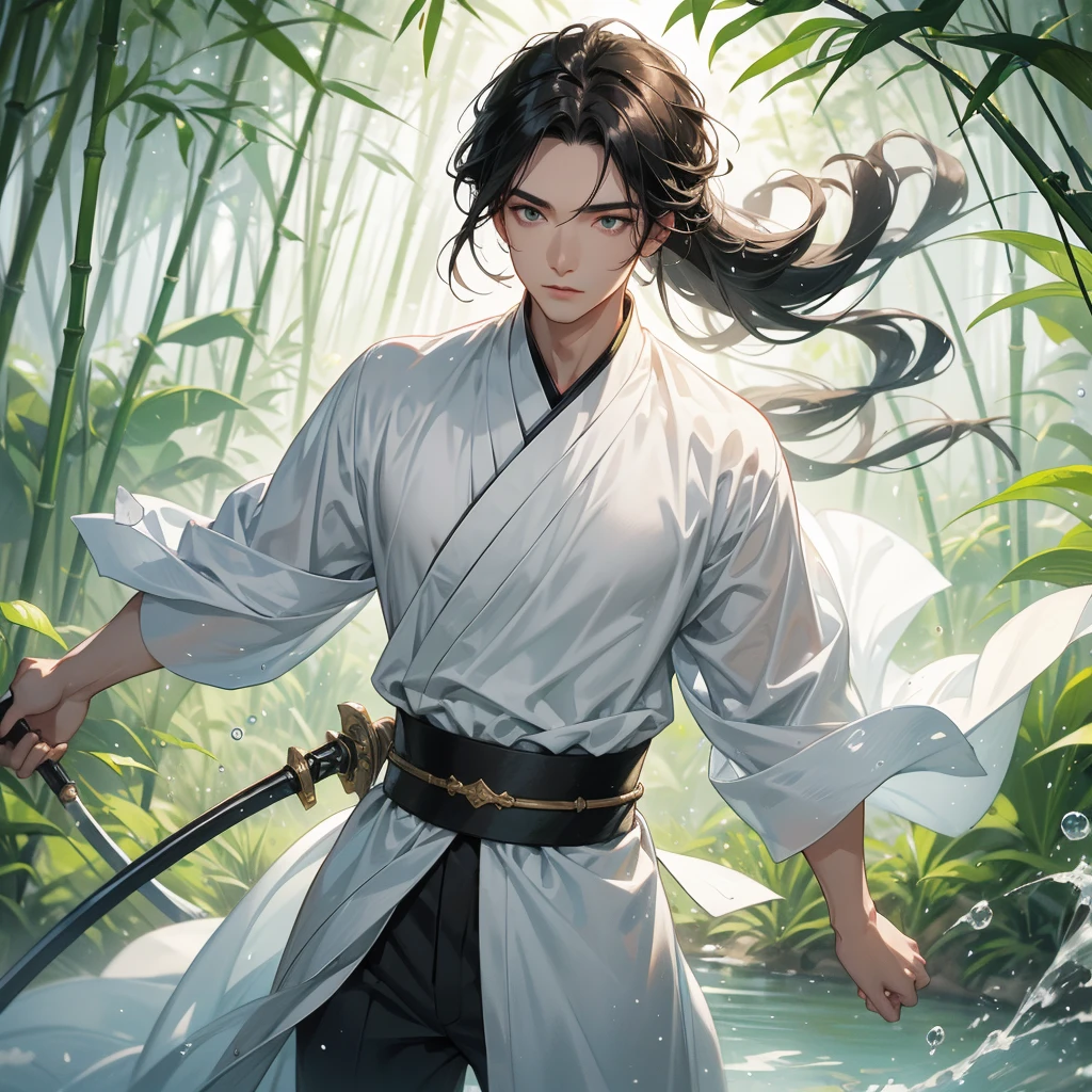 A Handsome black-hair male holding a large sword in white hanfu dress, close up.
The back is a lush green bamboo forest. The air after rain has water droplets splashing around.