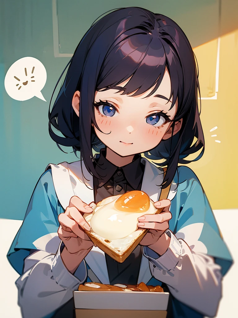 「good morning」A cute woman having breakfast with a speech bubble saying, Illustration,