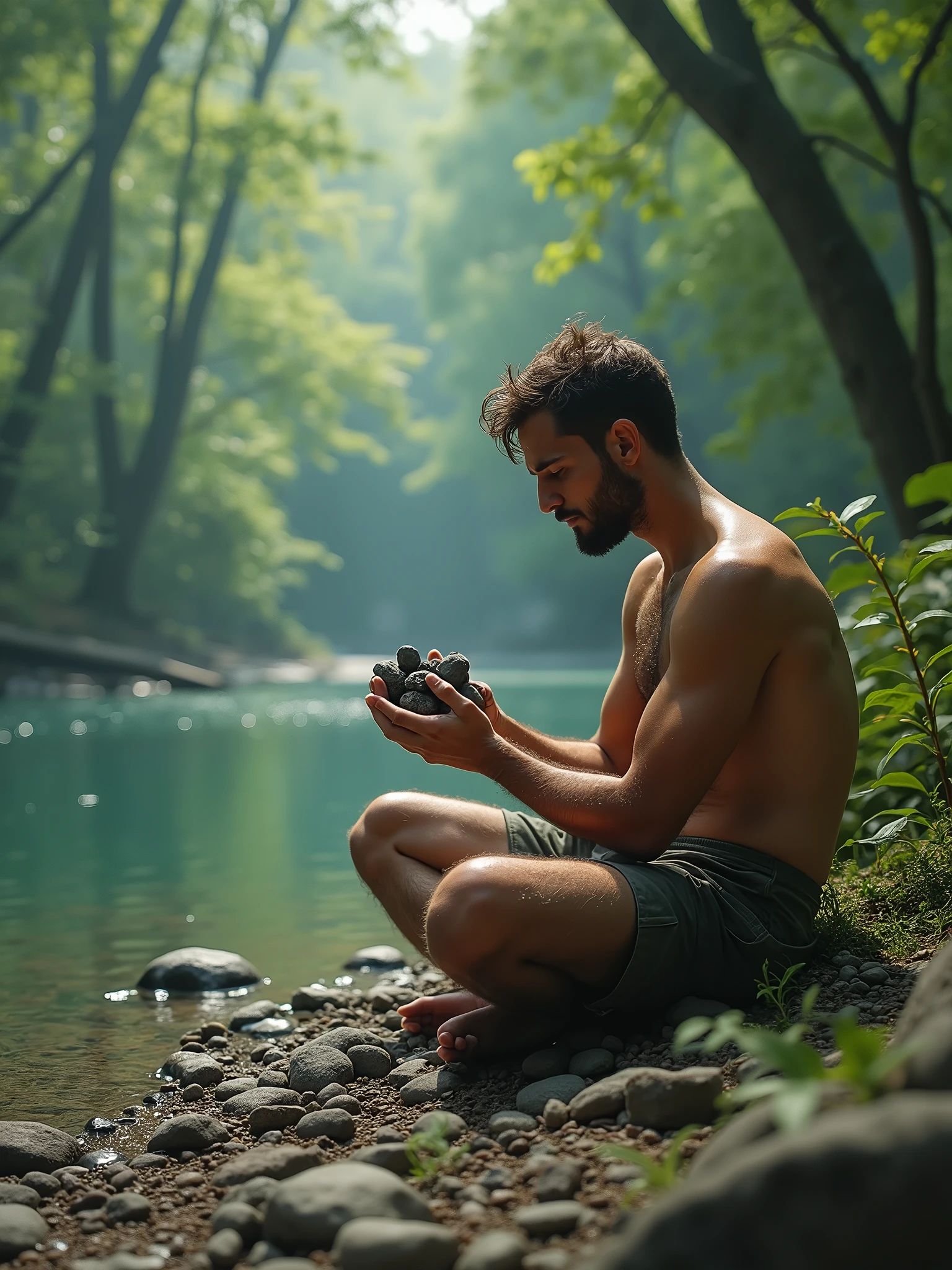 A man is sitting by the river in the forest and eating stones.