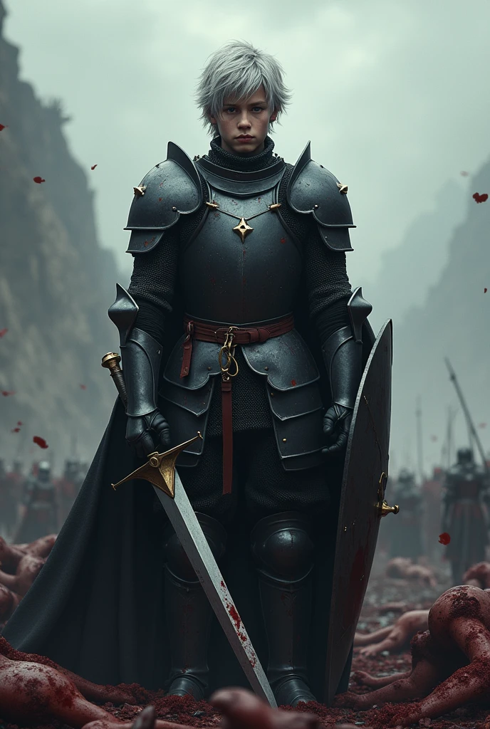 generate landscape picture, 1080p, generate young man with silver hair, wearing black armor, a knight with broken shield and a sword, bloods and bodies surround him, surround by his enemies
