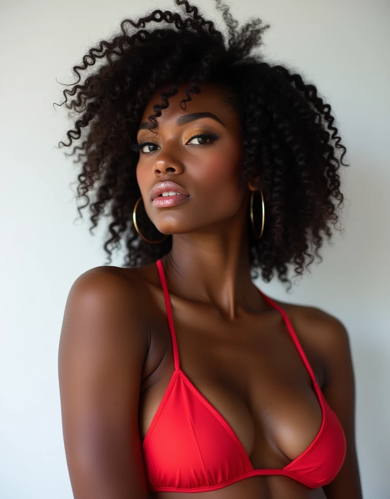 Beautiful black skin model, wearing bikini, sexy pose, portrait, close up shot, make up, lip gloss, studio shoot, plain white background