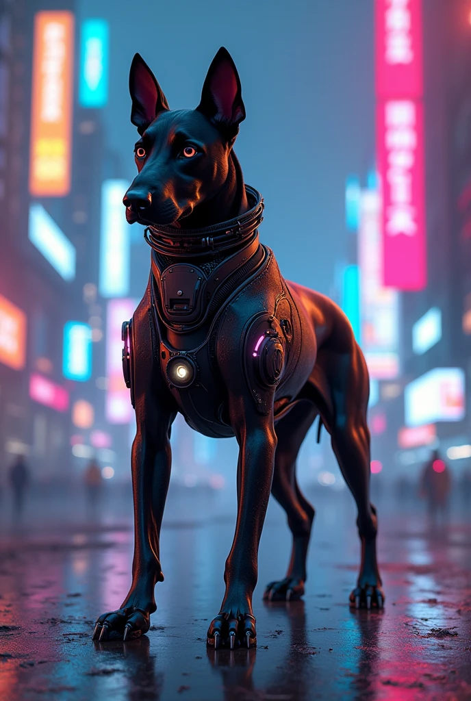 A black dog in robocop costume in neon city