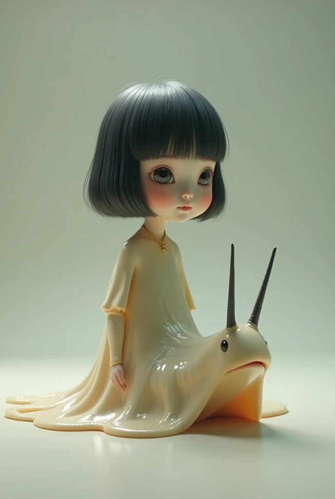 Draw a slug with the head of a little human girl, about , black hair, Asian, and the body of a slug, leaving slug slime wherever it passes.