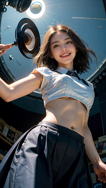 Highest quality, masterpiece, Ultra-high resolution,8k, (Realistic:1.6), (Facing portraits) RAW Photos, 1 person,(Full of smiles, Showing teeth)),LD,((Belly button fashion)),((Long skirt uniform)),((short hair)),((Looking up at the audience)),Face Focus:1.4,((Shooting from below with a fisheye lens:1.4)),((Background of the sun shining in the blue sky)), Image Media Chest)),((Smiling with teeth showing)),