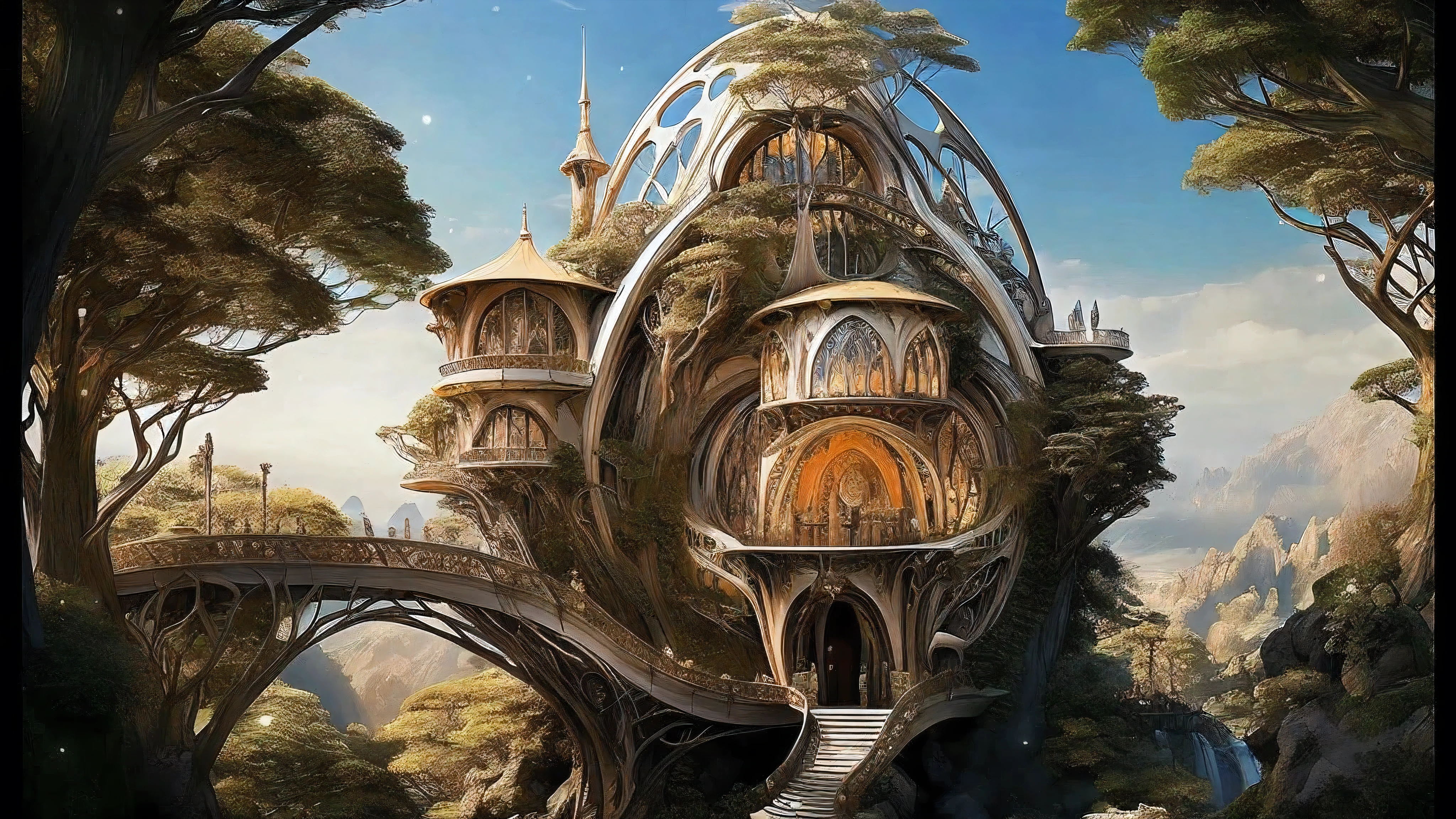 Here is a photo of a very unusual looking house in the woods., Fantasy architecture, Elven architecture, fantasy house, cyberpunk tree house, Solarpunk architecture, Fantasy buildings, highly detailed fantasy, Complex and realistic fantasy, Solarpunk Village, highly detailed fantasyアート, Solarpunk futuristic utopia, Solar Punk Utopia, 4K high-definition digital art, detailed fantasy digital art, fantasy surrealism,master piece, best high resolution,high quality content, 8K with great details