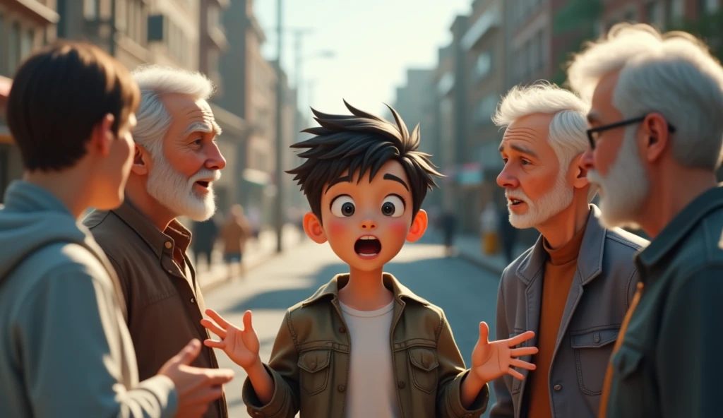 Creat a 18 boy try to talking with 6 older peoples who standing Infront of his , the boy opening his hands and try to explain something, background is a normal road, 8k very ultra realistic