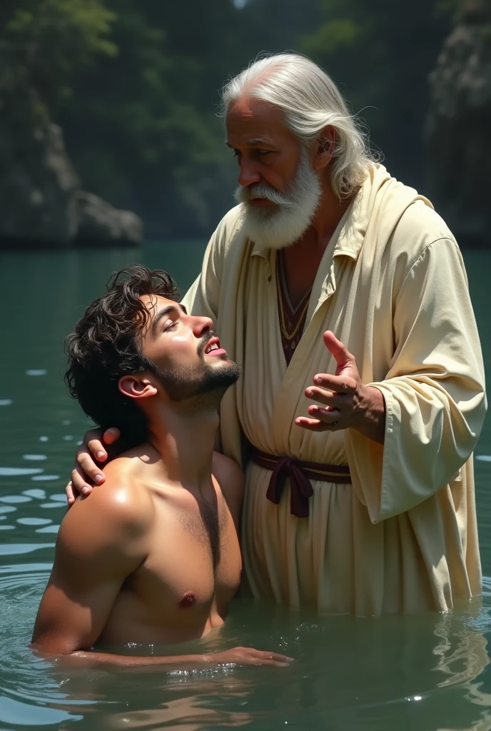 Scene 10: The Realization**
- "The young man, now back above the water, gasps for air with a look of profound realization. The saint stands beside him, conveying a sense of quiet wisdom and satisfaction."