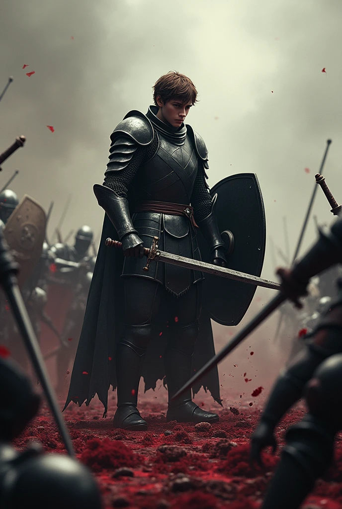 generate landscape picture, 1080p, generate brave young man with brown hair, wearing black armor, a knight with broken shield and a sword, bloods and bodies surround him, surround by his enemies