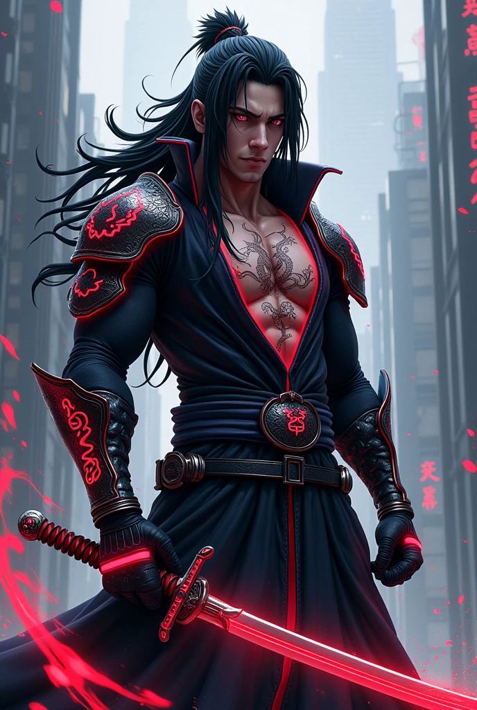 Madara Uchiha is re-imagined as a neo-samurai warrior, his body muscular and wearing high-tech samurai armor that glows with neon red accents. Her iconic hair is long, but with metal strands intertwined, giving a futuristic impression. Ancient dragon symbol tattoos glowed faintly on his chest and arms. Luffy's eyes are sharp and focused, reflecting the wisdom and strength of a seasoned warrior. In his hand, he held a shining energy katana, with energy swirling around it. The background is a cyberpunk cityscape with towering skyscrapers and floating kanji symbols, combining traditional Japanese elements with a futuristic atmosphere. The color palette is dominated by navy, black and neon highlights, creating a strong and modern warrior aesthetic."