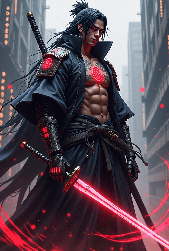 Madara Uchiha is re-imagined as a neo-samurai warrior, his body muscular and wearing high-tech samurai armor that glows with neon red accents. Her iconic hair is long, but with metal strands intertwined, giving a futuristic impression. Ancient dragon symbol tattoos glowed faintly on his chest and arms. Luffy's eyes are sharp and focused, reflecting the wisdom and strength of a seasoned warrior. In his hand, he held a shining energy katana, with energy swirling around it. The background is a cyberpunk cityscape with towering skyscrapers and floating kanji symbols, combining traditional Japanese elements with a futuristic atmosphere. The color palette is dominated by navy, black and neon highlights, creating a strong and modern warrior aesthetic."