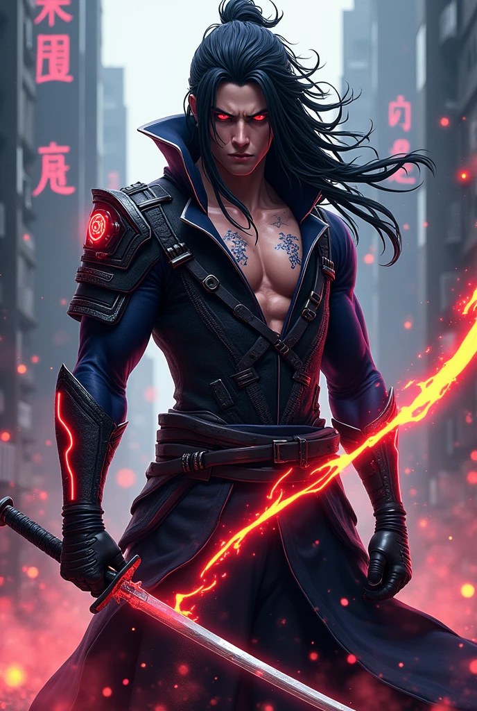 Madara Uchiha is re-imagined as a neo-samurai warrior, his body muscular and wearing high-tech samurai armor that glows with neon red accents. Her iconic hair is long, but with metal strands intertwined, giving a futuristic impression. Ancient dragon symbol tattoos glowed faintly on his chest and arms. Luffy's eyes are sharp and focused, reflecting the wisdom and strength of a seasoned warrior. In his hand, he held a shining energy katana, with energy swirling around it. The background is a cyberpunk cityscape with towering skyscrapers and floating kanji symbols, combining traditional Japanese elements with a futuristic atmosphere. The color palette is dominated by navy, black and neon highlights, creating a strong and modern warrior aesthetic."