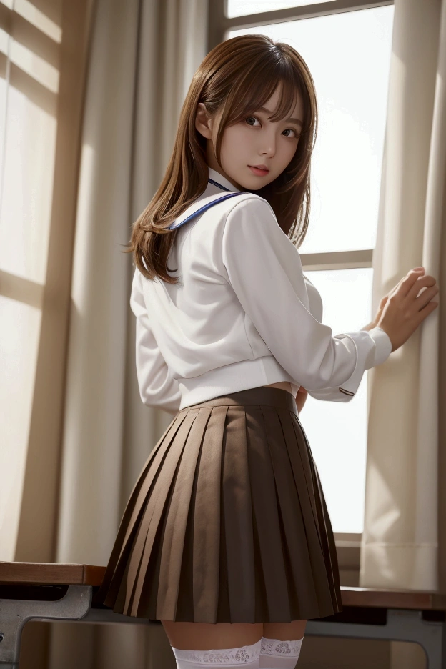 ((masterpiece)), ((Highest quality)), (Very detailedな), ((Very detailed)), 4K, (8k), Highest quality, (beautiful), Upper Body, Looking up from below, Whole body concentration, In the school classroom, Cute Woman, 1 female、beautiful mature woman, alone, (Sailor suit、Pleated mini skirt、Over the knee socks), beautiful light brown hair, ((beautiful eyeedium hair, Hip, Embarrassing, (Showing white panties:1.2),Lens flare, Shiny, Shine、Smooth thighs、The body is slim、Small Ass、Japanese actress face、Semen-stained ass