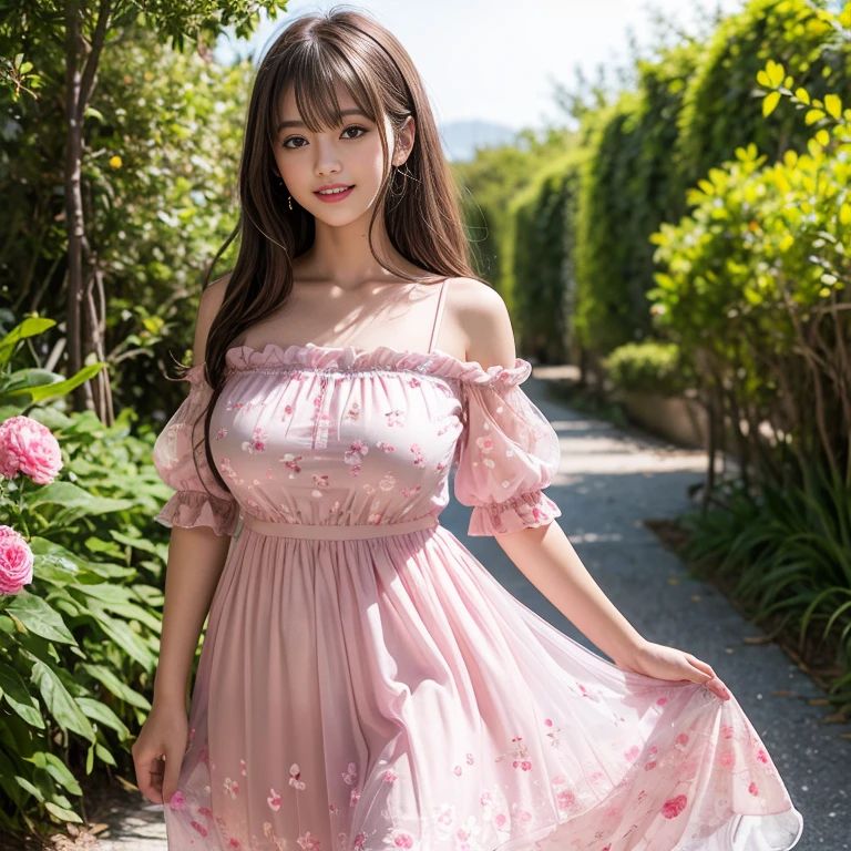 laughing out loud，travel scenery photos，Put on a sweet dress，Pink floral pattern dress，Floral pattern scattered throughout the dress，Puff sleeves，公主Puff sleeves，Puff sleeves cover shoulders，Short sleeve，A-line dress，（There is a layer of transparent mesh outside the skirt）, Fluffy and lightweight dress，（The dress is made of mesh）, There are pink ribbon bows on both sides of the collarbone.，High hem A-line skirt，1 female, On the face, light brown hair, blunt bangs, hair behind ears, Shoulder length hair, long hair, Slender body type, 超face slimming型, face slimming, delicate lips, beautiful eyes, Thin blush, Eyes are light brown,Check it out here, (actual:1.3), One person's perspective, 8k, Super detailed, high quality, best quality, High resolution，2,above knee shot，Breast protrusion，plump breasts, breasts in clothes，No milk，H cup breasts