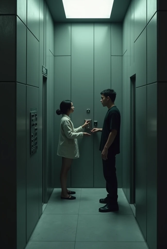 Image suggestion: There is a person pressing the elevator button outside., step inside, and someone pressed the floor select button. can create two composite images