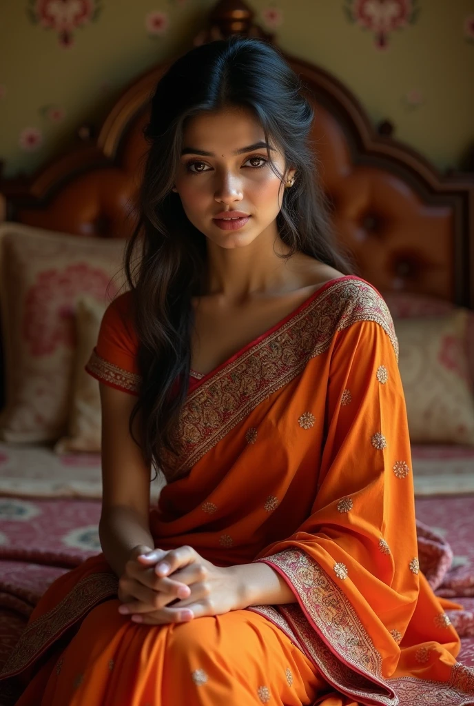 A beutiful indian woman sitting on bed... blushing wearing saree