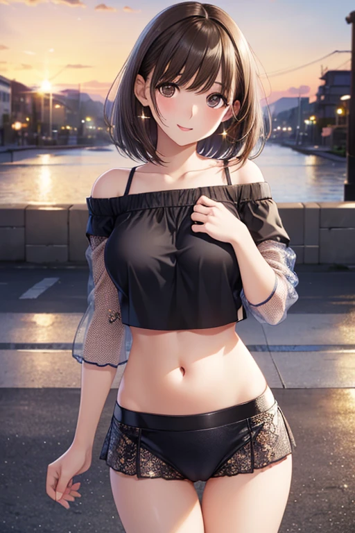 anegasaki nene、Shiny brown hair, short hair, (Beautiful brown eyes、Sparkling eyes, Fine grain)、smile、Ultra-detailed eyes、Very detailedな顔, Very detailedな目,
Highest quality, 、Ultra mini skirt、Beautiful thighs、Beautiful belly button、Beautiful Faces、beautiful cameltoe、 One Girl, solo, short hair, Mid-chest, Cowboy Shot, street, Off-the-shoulder crop knit, sunset,
(Highest quality:1.5),(Very detailed:1.5),(High resolution:1.5)、