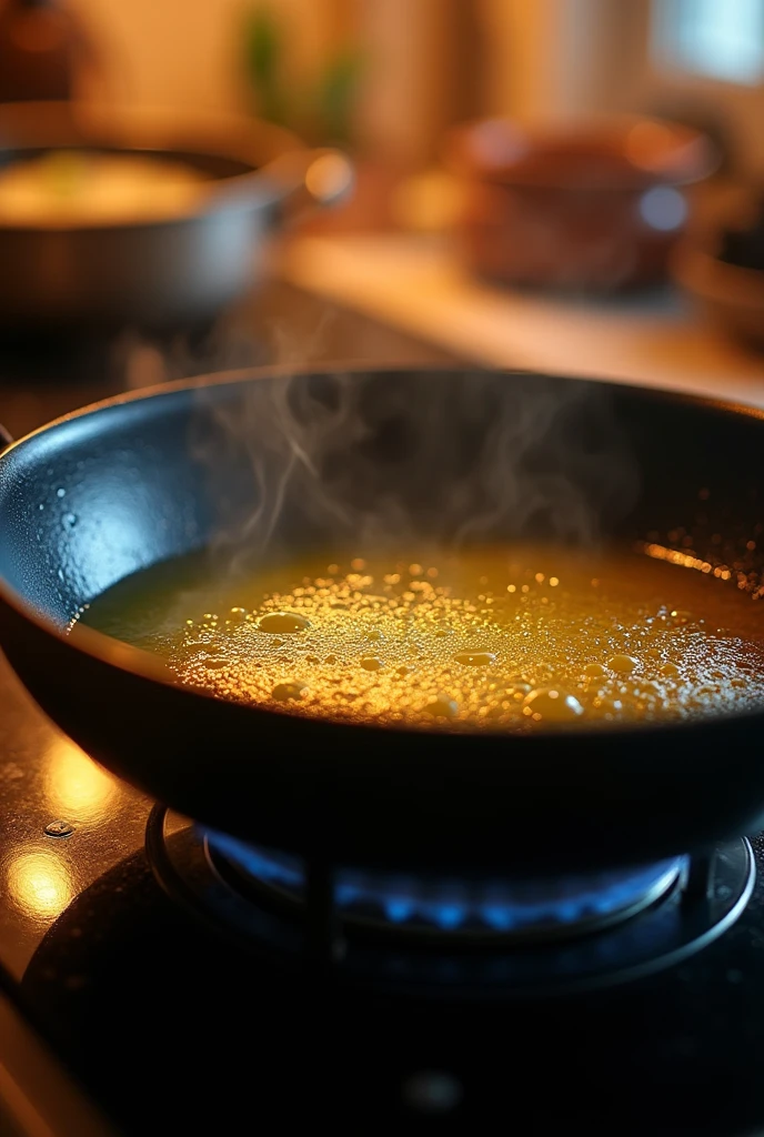 close up shot of an oil on a pan on top of stove