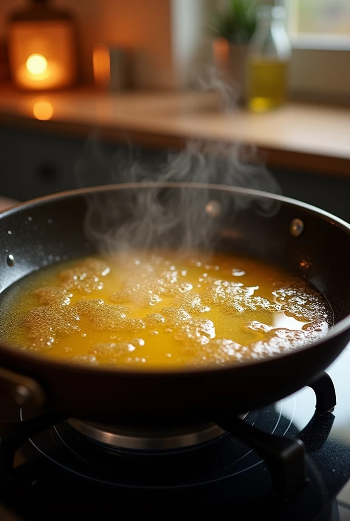 close up shot of an oil on a pan on top of stove