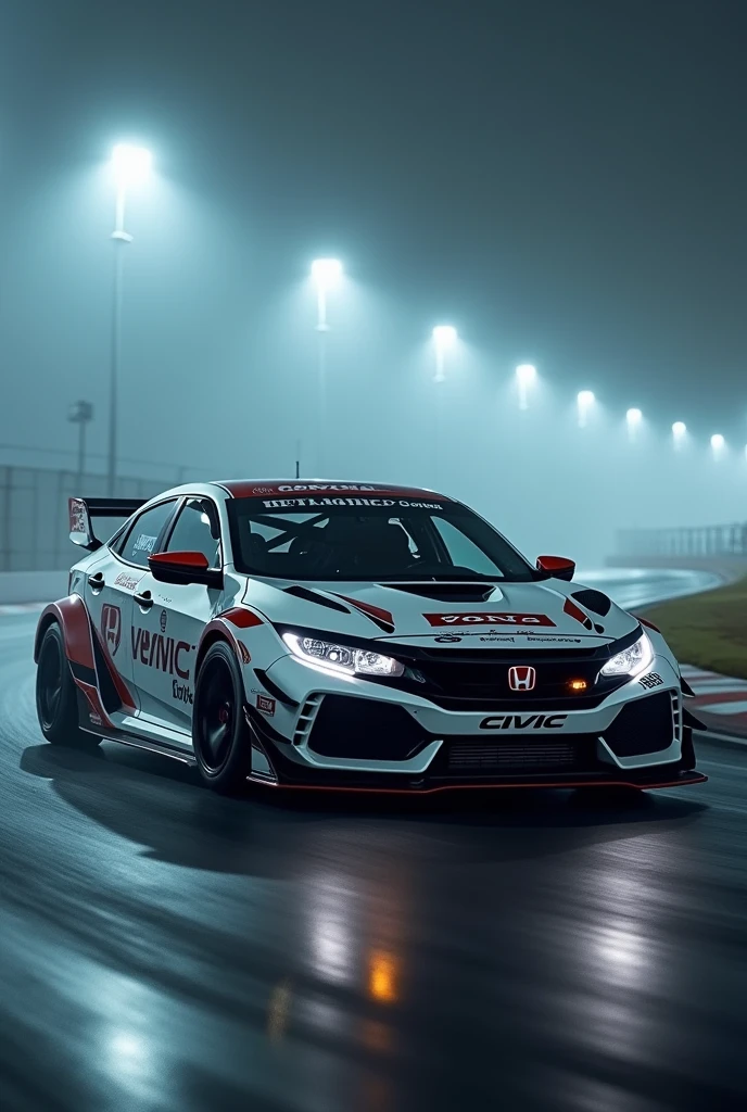 Honda civic modified with body kit on race in racing track in night in fog 